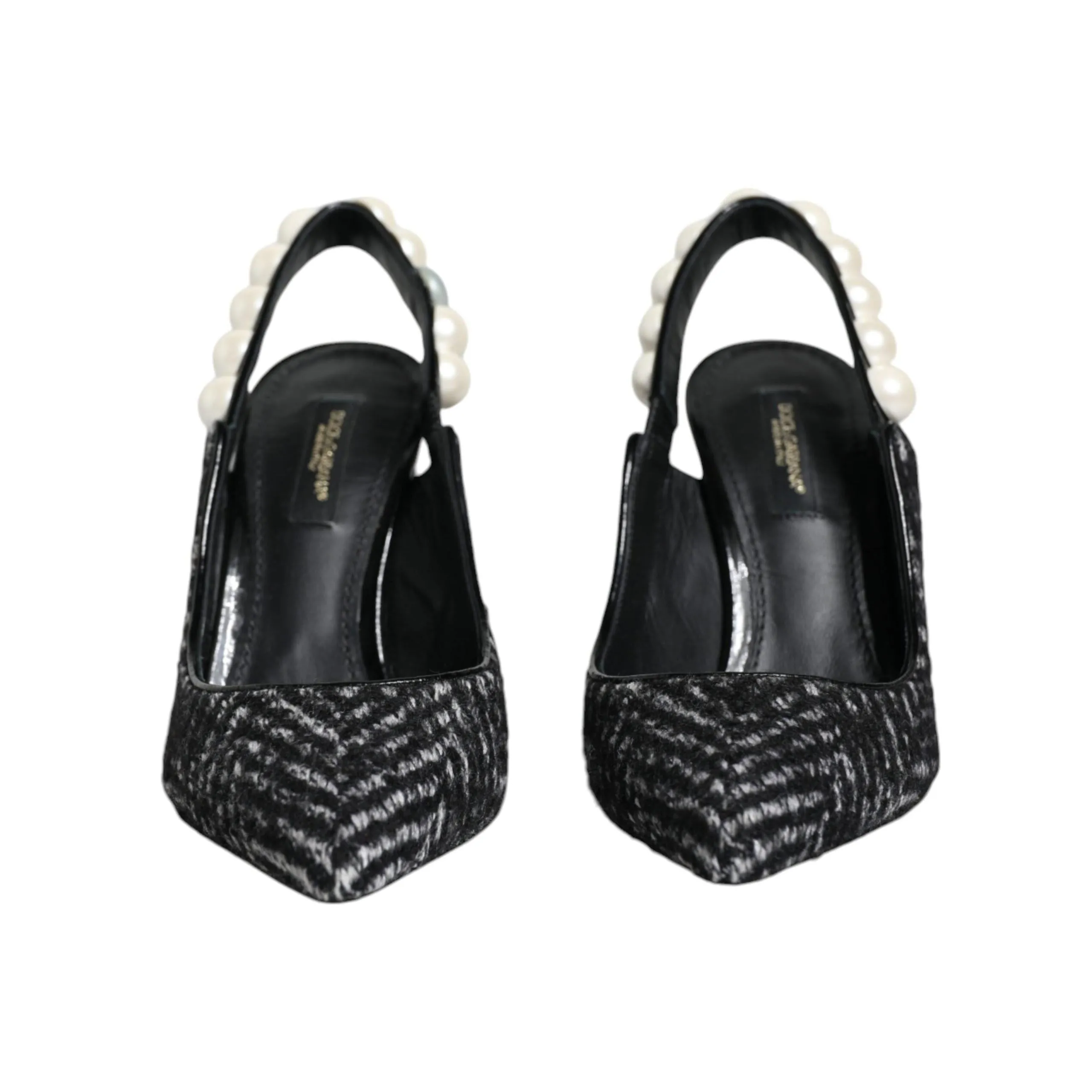 Dolce & Gabbana White Black Chevron Faux Pearl Slingback Shoes