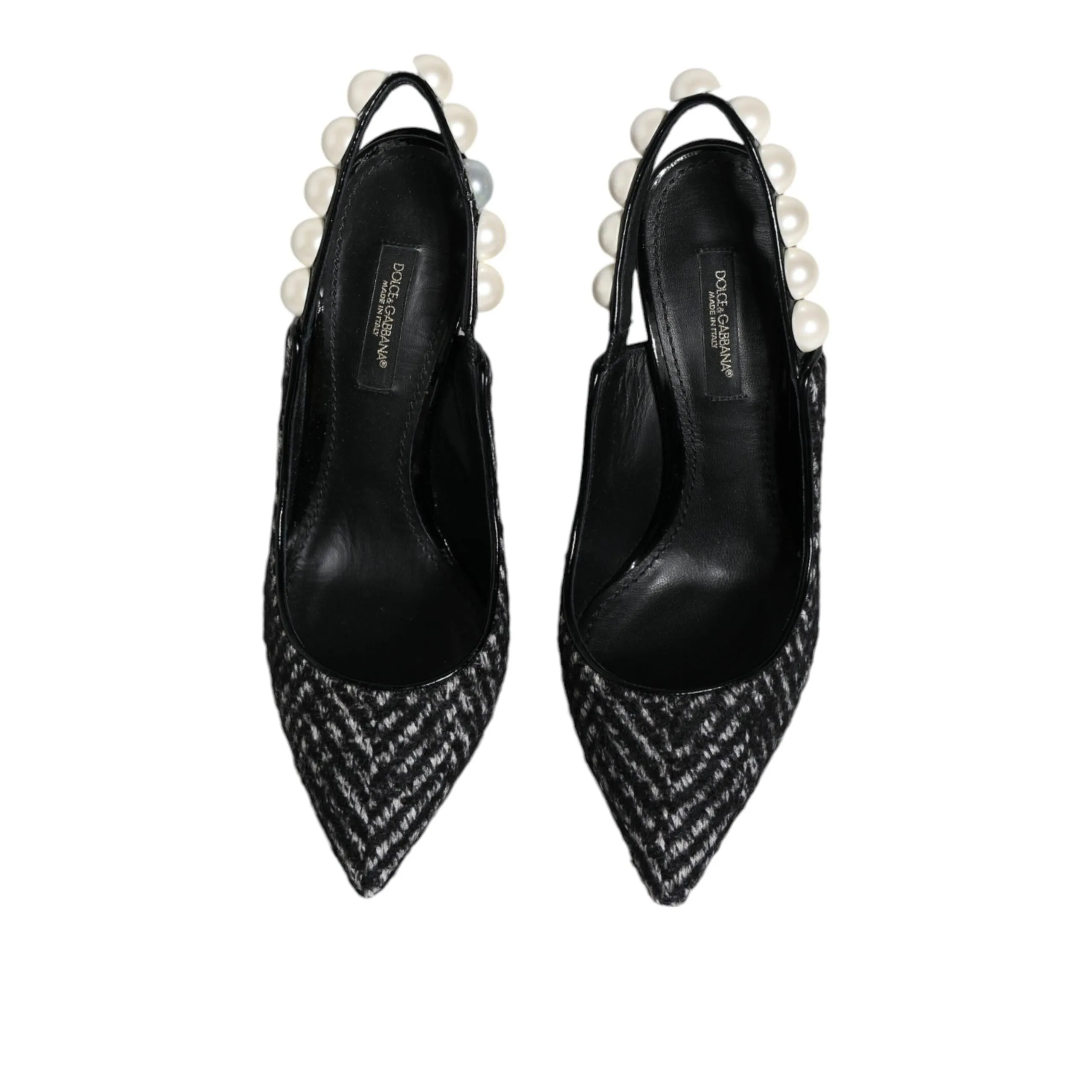 Dolce & Gabbana White Black Chevron Faux Pearl Slingback Shoes