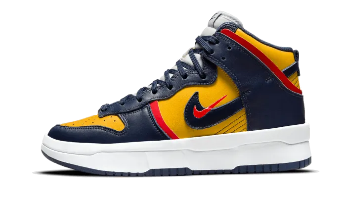 Dunk High Up Varsity Maize (Michigan) running in a boardwalk area shoes