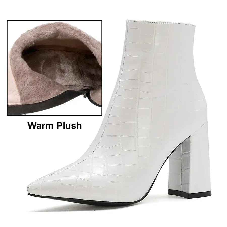 Elegant Brown Crocodile Leather Ankle Boots for Women – Winter Plush, High Block Heels, Pointed Toe, Zipper Short Boots for Party & Office