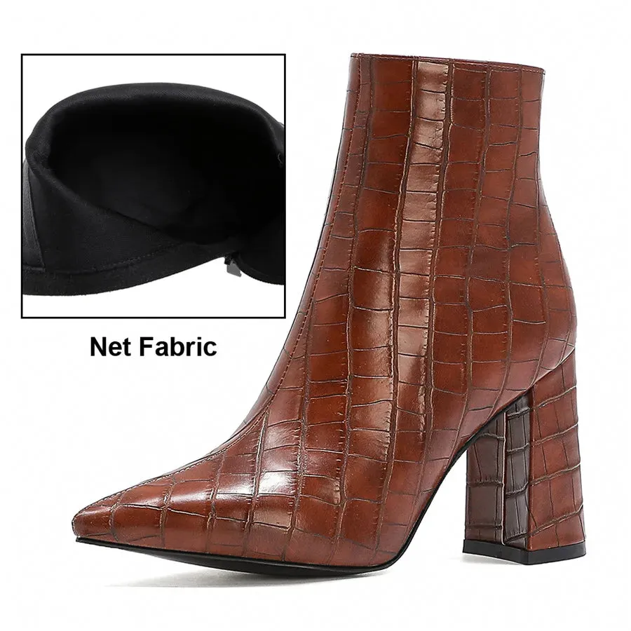 Elegant Brown Crocodile Leather Ankle Boots for Women – Winter Plush, High Block Heels, Pointed Toe, Zipper Short Boots for Party & Office