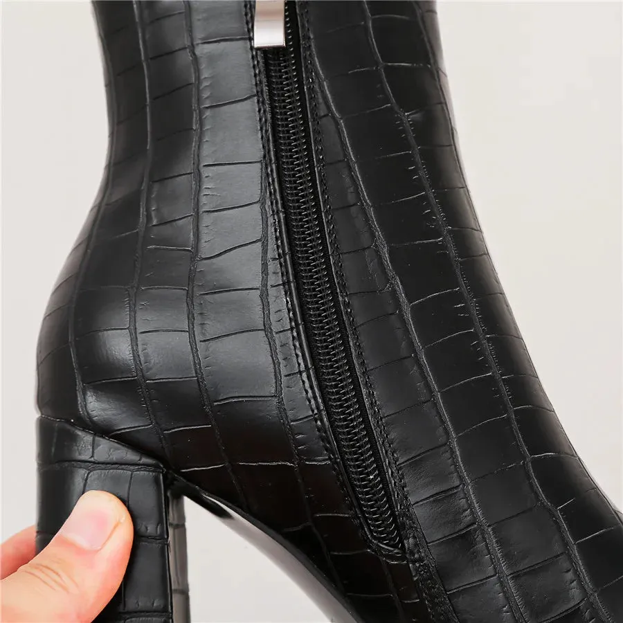 Elegant Brown Crocodile Leather Ankle Boots for Women – Winter Plush, High Block Heels, Pointed Toe, Zipper Short Boots for Party & Office