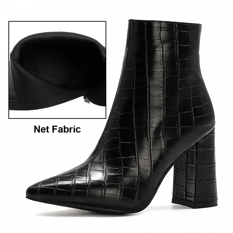 Elegant Brown Crocodile Leather Ankle Boots for Women – Winter Plush, High Block Heels, Pointed Toe, Zipper Short Boots for Party & Office