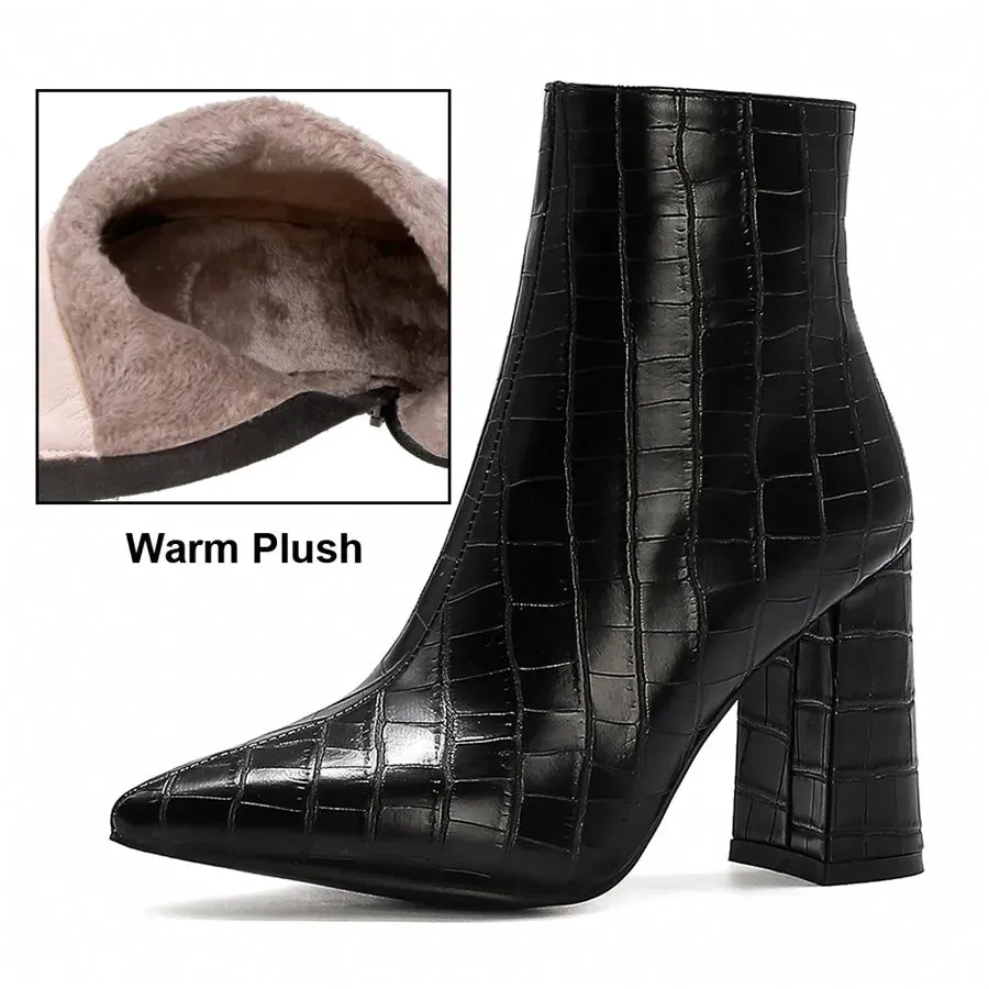 Elegant Brown Crocodile Leather Ankle Boots for Women – Winter Plush, High Block Heels, Pointed Toe, Zipper Short Boots for Party & Office