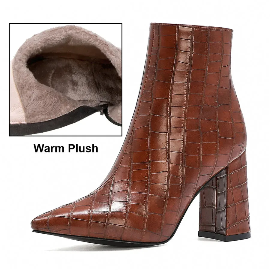 Elegant Brown Crocodile Leather Ankle Boots for Women – Winter Plush, High Block Heels, Pointed Toe, Zipper Short Boots for Party & Office
