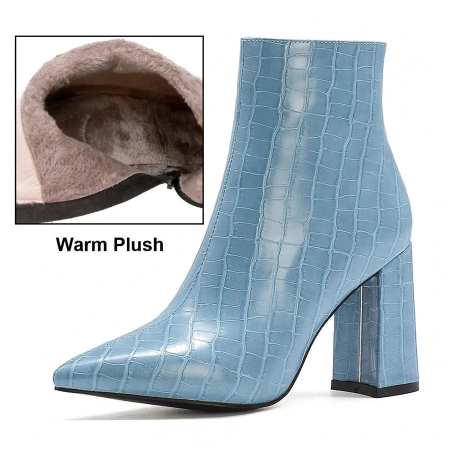 Elegant Brown Crocodile Leather Ankle Boots for Women – Winter Plush, High Block Heels, Pointed Toe, Zipper Short Boots for Party & Office