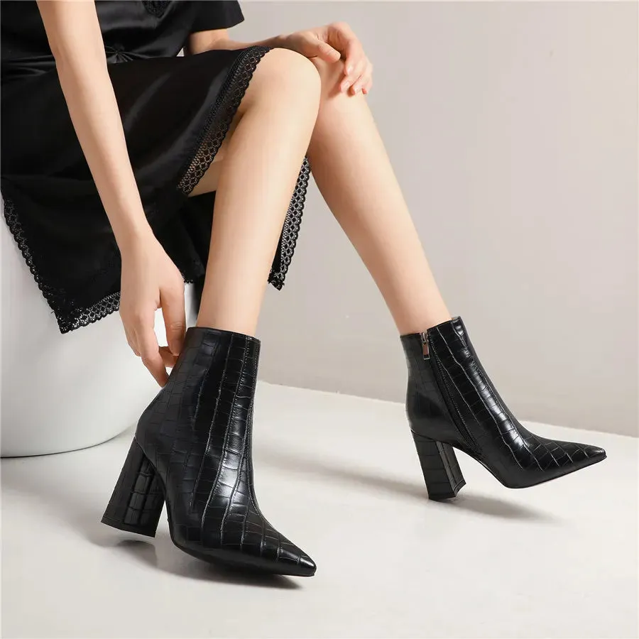 Elegant Brown Crocodile Leather Ankle Boots for Women – Winter Plush, High Block Heels, Pointed Toe, Zipper Short Boots for Party & Office