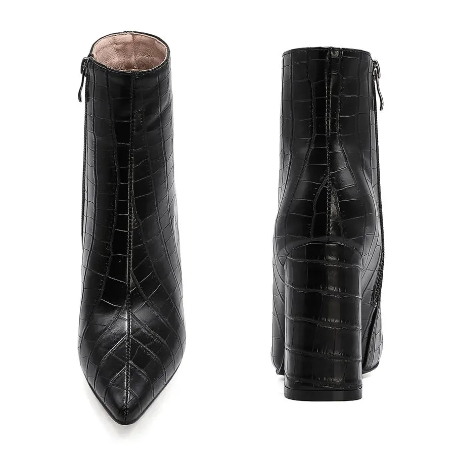 Elegant Brown Crocodile Leather Ankle Boots for Women – Winter Plush, High Block Heels, Pointed Toe, Zipper Short Boots for Party & Office