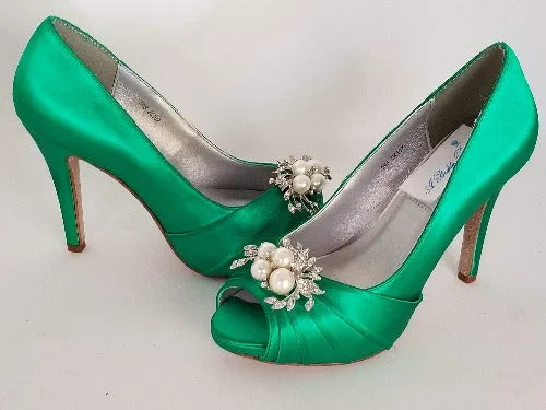 Emerald Green Wedding Shoes with Crystal and Pearl Design