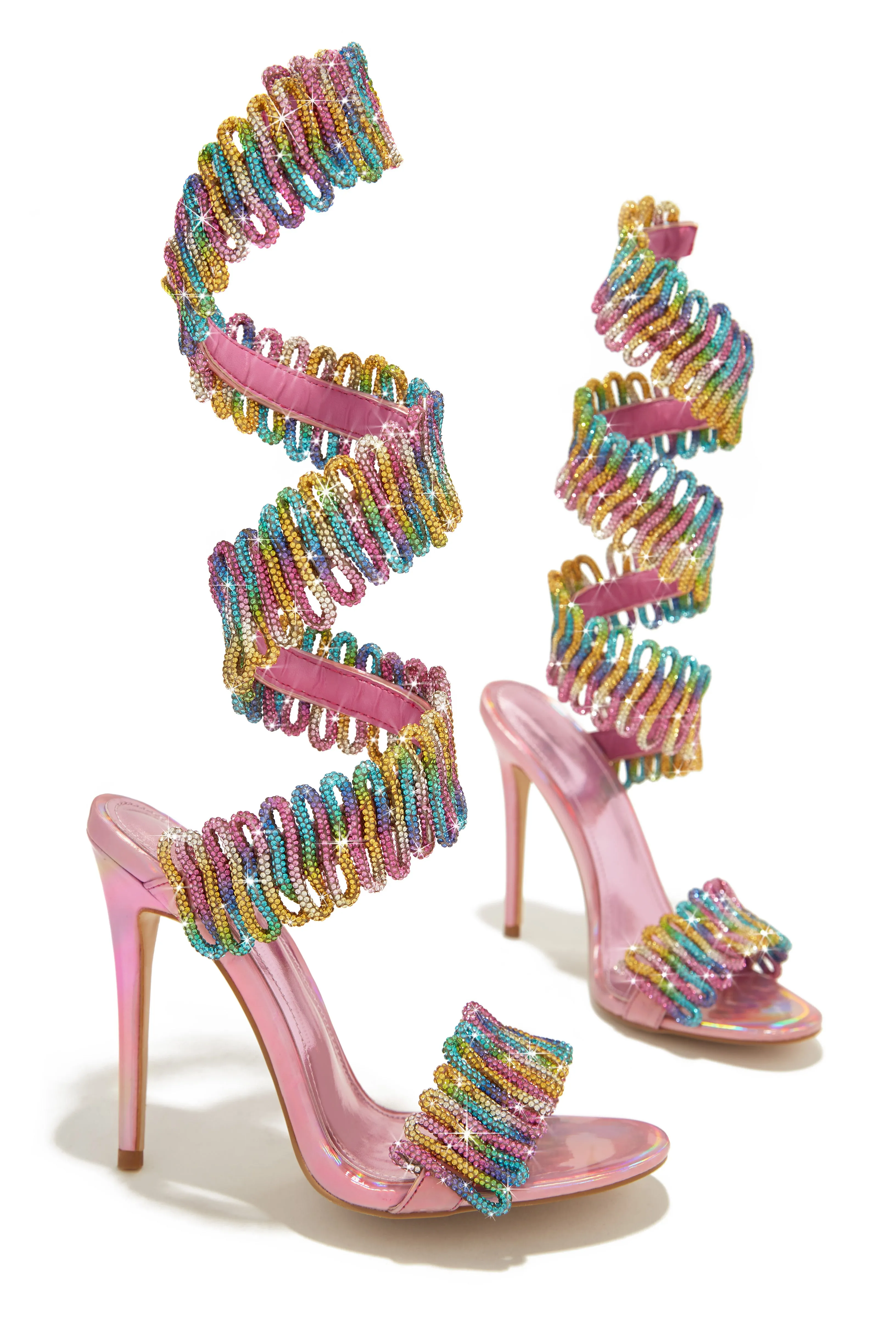Exotic Touch Embellished Coil Strap High Heels - Multi