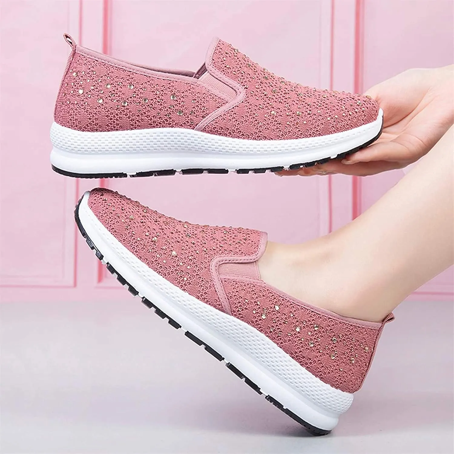 Fashion Rhinestones Sneakers Womens Summer Breathable Mesh Knit Walking Shoes Lightweight Slip on Athletic Wide Width Flats Tennis Trainers Work Casual Canvas Shoes