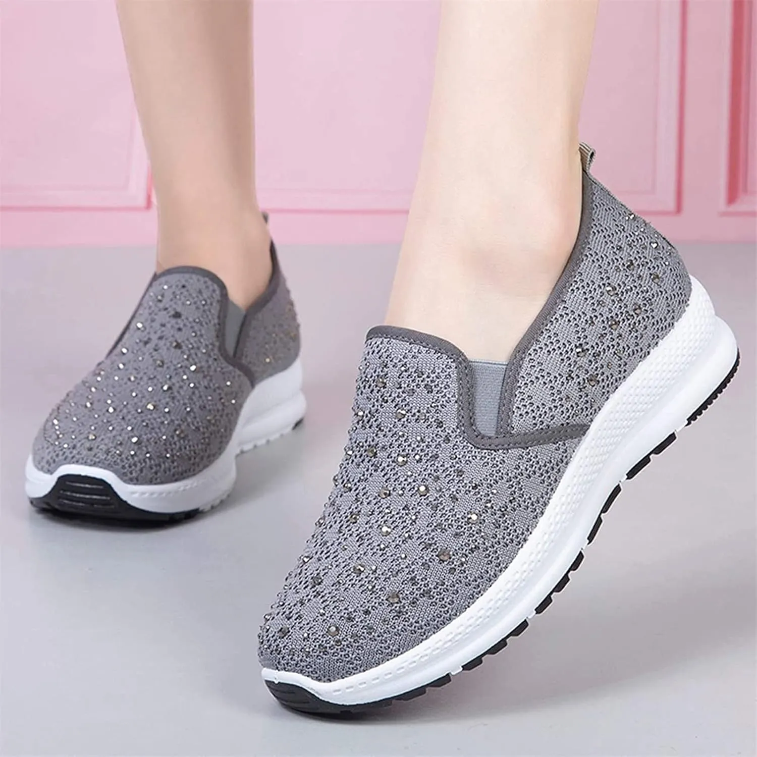 Fashion Rhinestones Sneakers Womens Summer Breathable Mesh Knit Walking Shoes Lightweight Slip on Athletic Wide Width Flats Tennis Trainers Work Casual Canvas Shoes