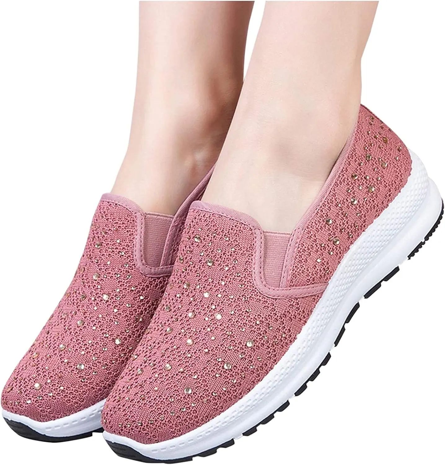 Fashion Rhinestones Sneakers Womens Summer Breathable Mesh Knit Walking Shoes Lightweight Slip on Athletic Wide Width Flats Tennis Trainers Work Casual Canvas Shoes