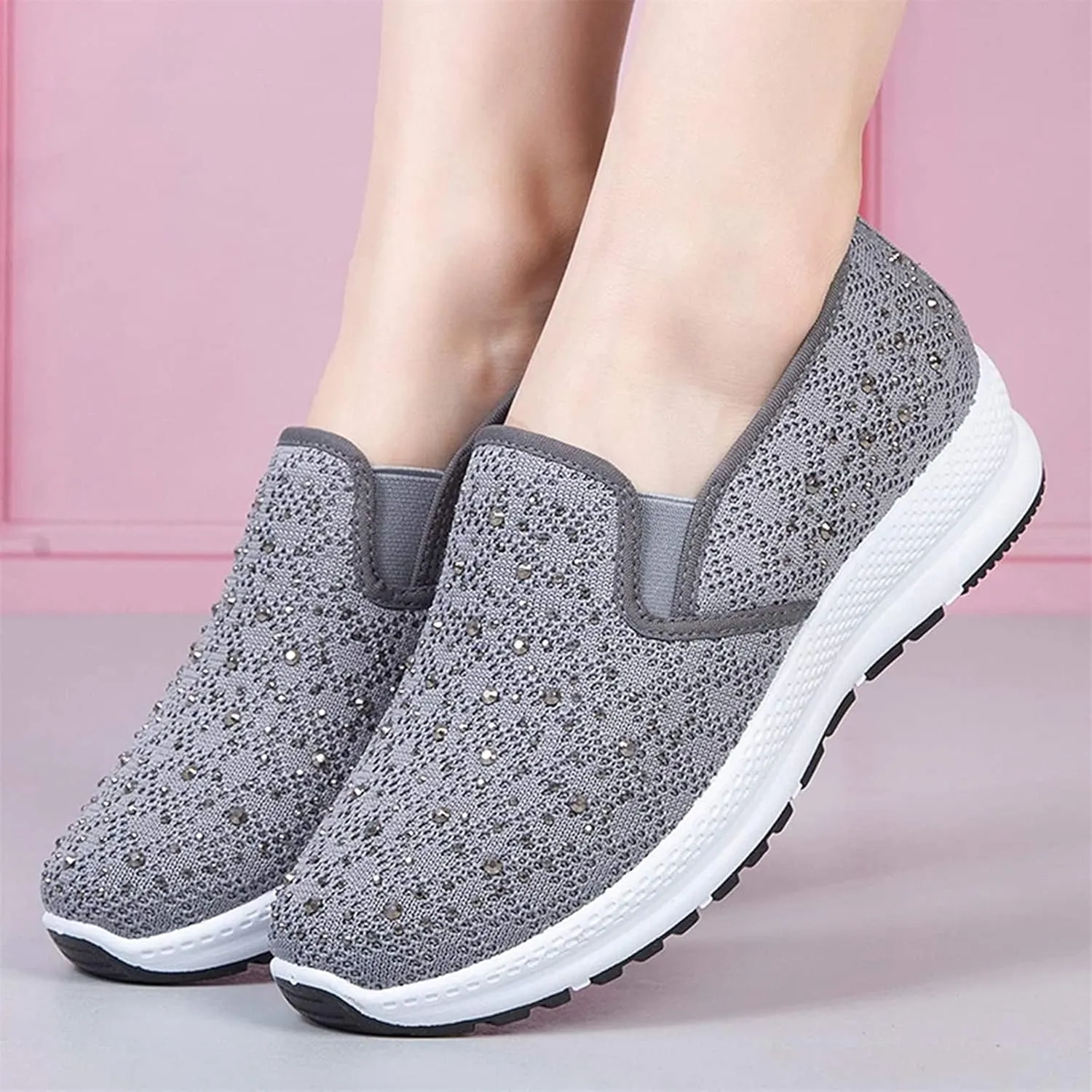 Fashion Rhinestones Sneakers Womens Summer Breathable Mesh Knit Walking Shoes Lightweight Slip on Athletic Wide Width Flats Tennis Trainers Work Casual Canvas Shoes