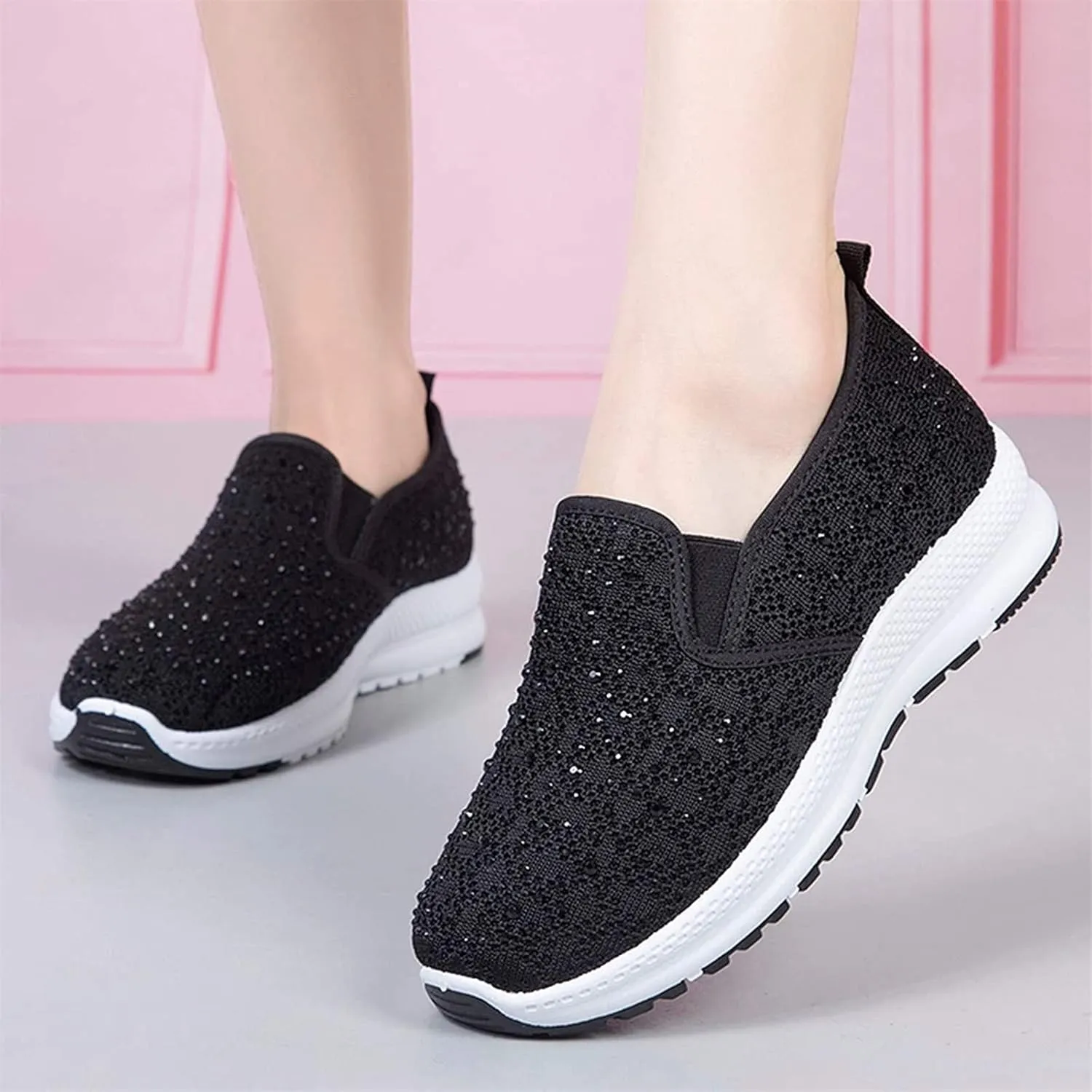 Fashion Rhinestones Sneakers Womens Summer Breathable Mesh Knit Walking Shoes Lightweight Slip on Athletic Wide Width Flats Tennis Trainers Work Casual Canvas Shoes