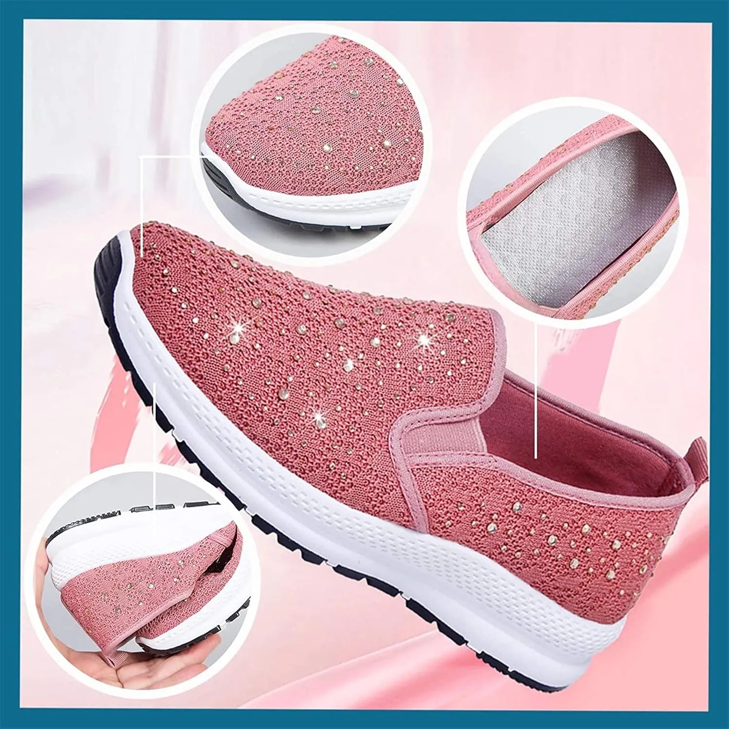 Fashion Rhinestones Sneakers Womens Summer Breathable Mesh Knit Walking Shoes Lightweight Slip on Athletic Wide Width Flats Tennis Trainers Work Casual Canvas Shoes