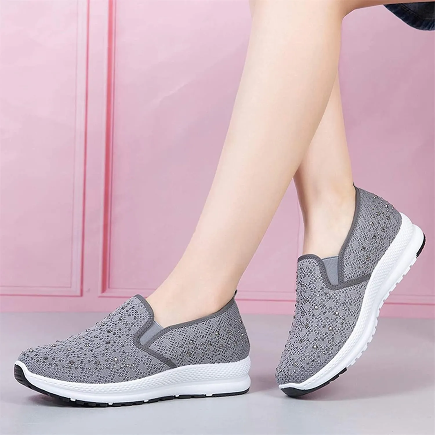 Fashion Rhinestones Sneakers Womens Summer Breathable Mesh Knit Walking Shoes Lightweight Slip on Athletic Wide Width Flats Tennis Trainers Work Casual Canvas Shoes