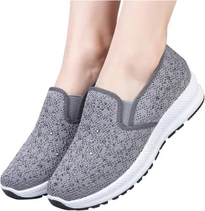 Fashion Rhinestones Sneakers Womens Summer Breathable Mesh Knit Walking Shoes Lightweight Slip on Athletic Wide Width Flats Tennis Trainers Work Casual Canvas Shoes