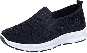 Fashion Rhinestones Sneakers Womens Summer Breathable Mesh Knit Walking Shoes Lightweight Slip on Athletic Wide Width Flats Tennis Trainers Work Casual Canvas Shoes