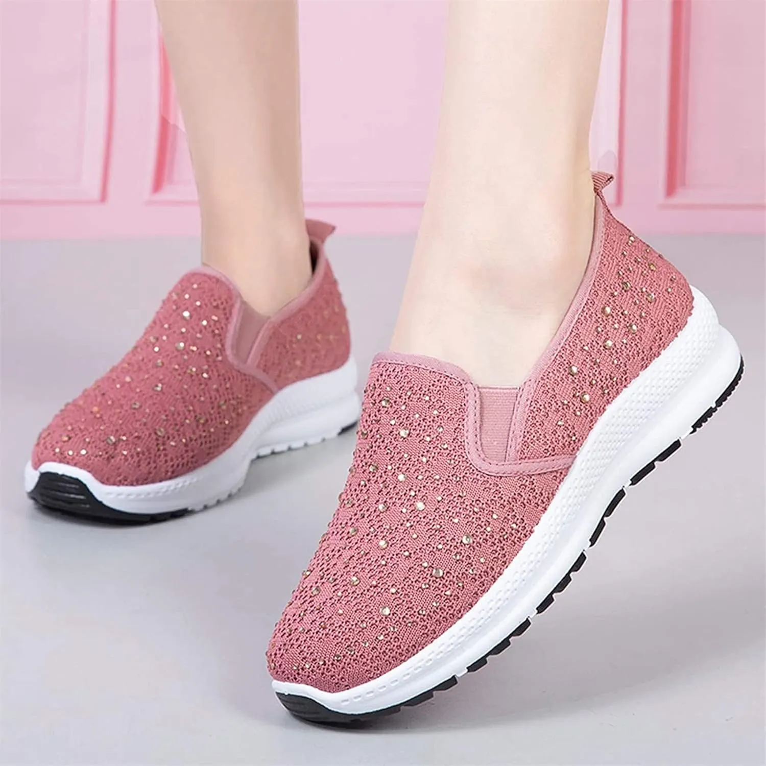 Fashion Rhinestones Sneakers Womens Summer Breathable Mesh Knit Walking Shoes Lightweight Slip on Athletic Wide Width Flats Tennis Trainers Work Casual Canvas Shoes
