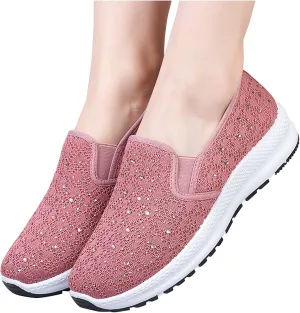 Fashion Rhinestones Sneakers Womens Summer Breathable Mesh Knit Walking Shoes Lightweight Slip on Athletic Wide Width Flats Tennis Trainers Work Casual Canvas Shoes