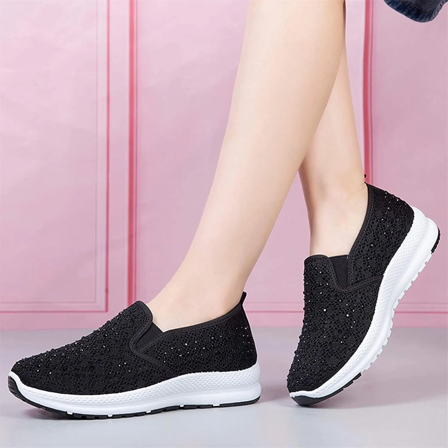 Fashion Rhinestones Sneakers Womens Summer Breathable Mesh Knit Walking Shoes Lightweight Slip on Athletic Wide Width Flats Tennis Trainers Work Casual Canvas Shoes