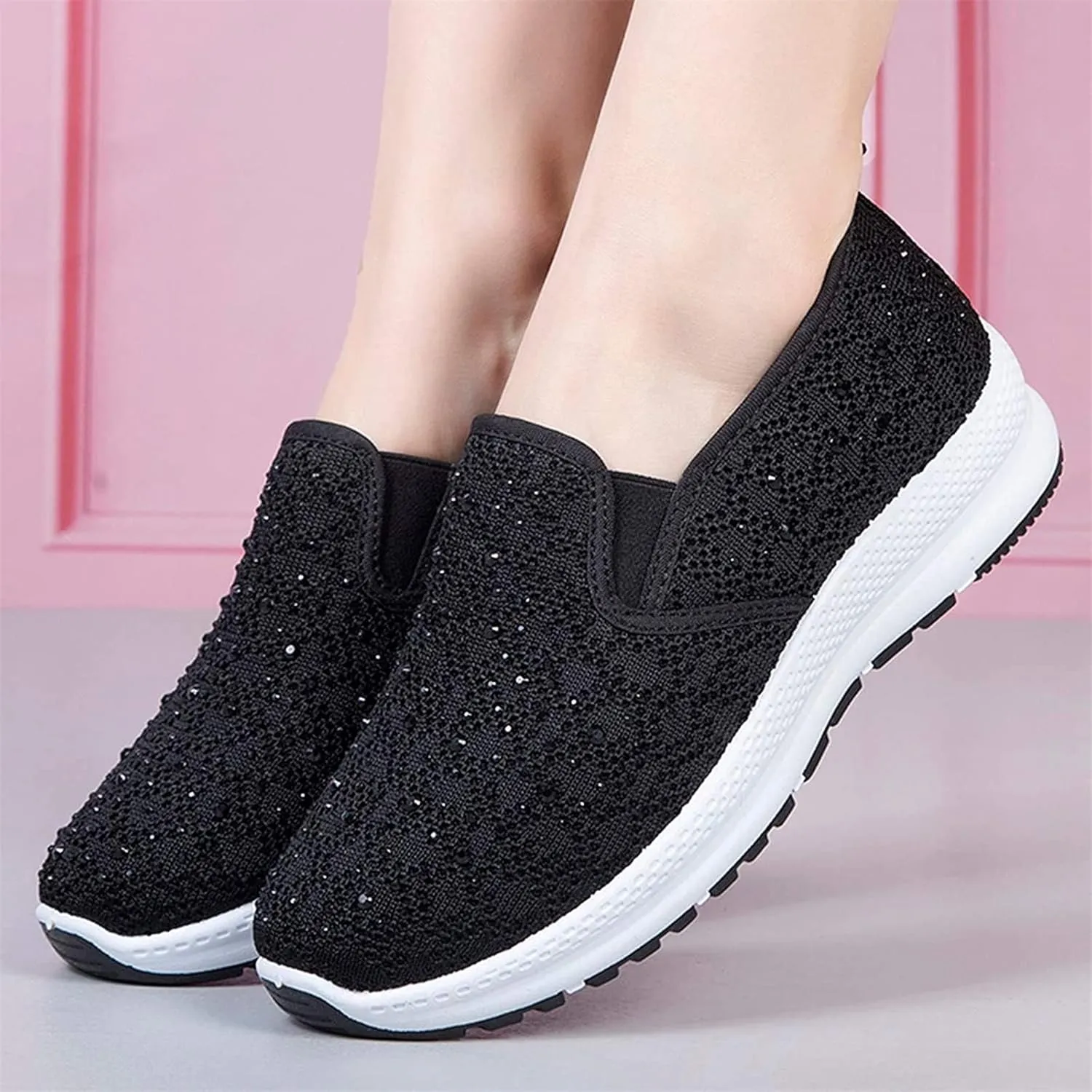 Fashion Rhinestones Sneakers Womens Summer Breathable Mesh Knit Walking Shoes Lightweight Slip on Athletic Wide Width Flats Tennis Trainers Work Casual Canvas Shoes