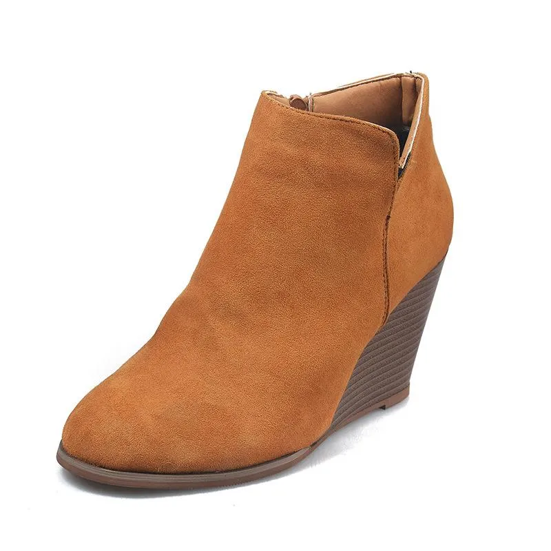 Fashion wedge boots side slit round toe ankle boots