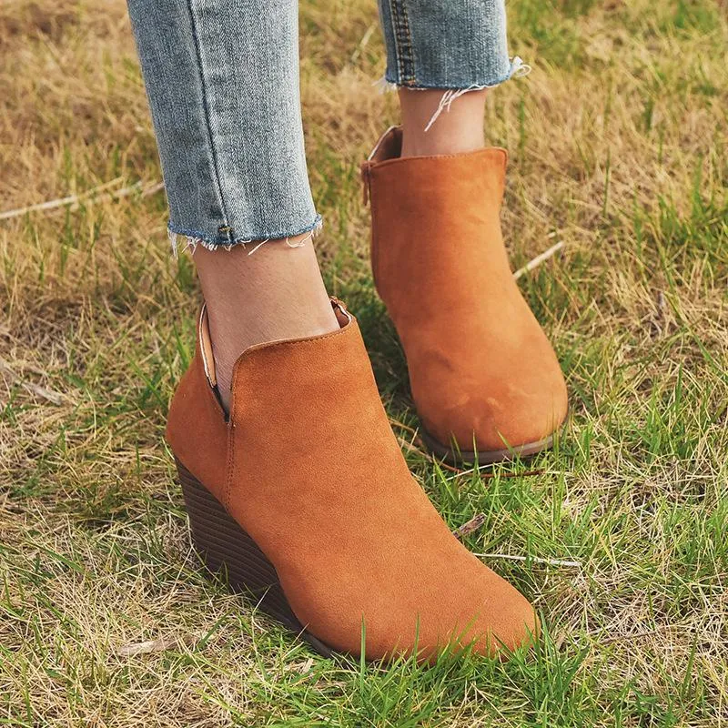 Fashion wedge boots side slit round toe ankle boots