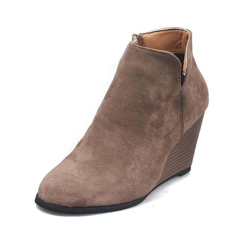 Fashion wedge boots side slit round toe ankle boots