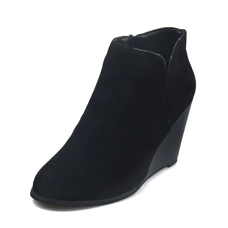 Fashion wedge boots side slit round toe ankle boots