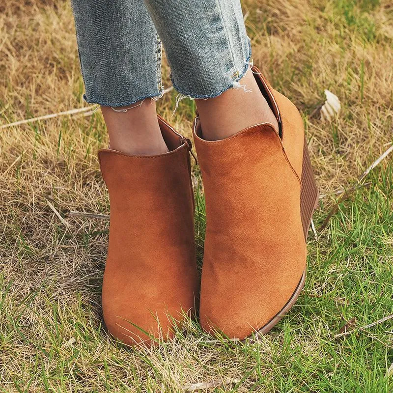 Fashion wedge boots side slit round toe ankle boots