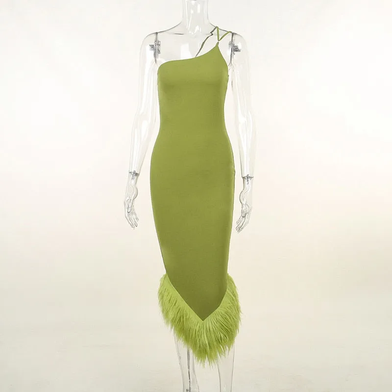 Feather Trim One Shoulder Bodycon Dress