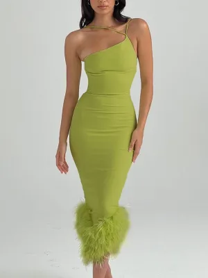 Feather Trim One Shoulder Bodycon Dress