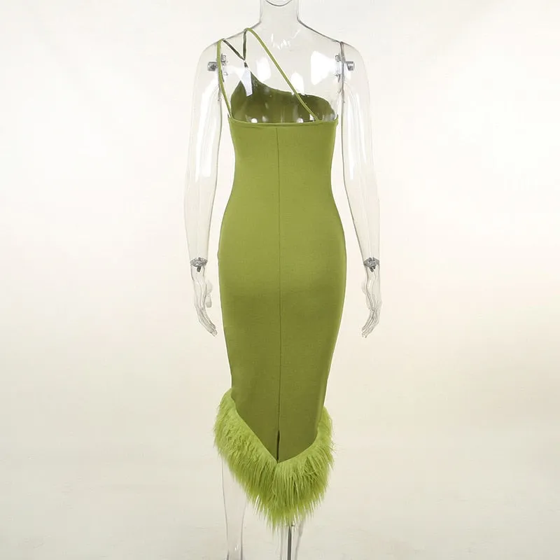Feather Trim One Shoulder Bodycon Dress