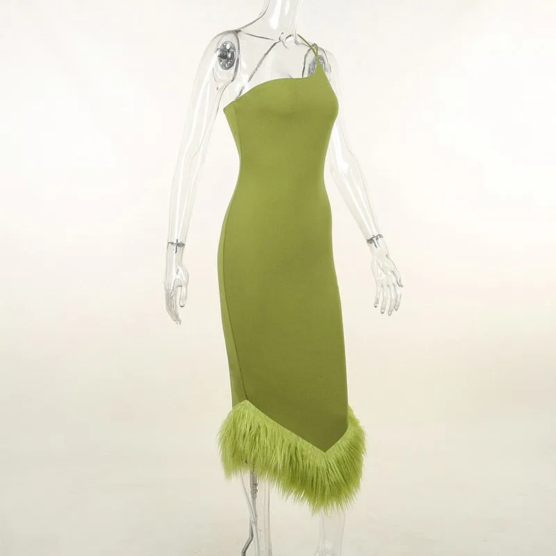 Feather Trim One Shoulder Bodycon Dress