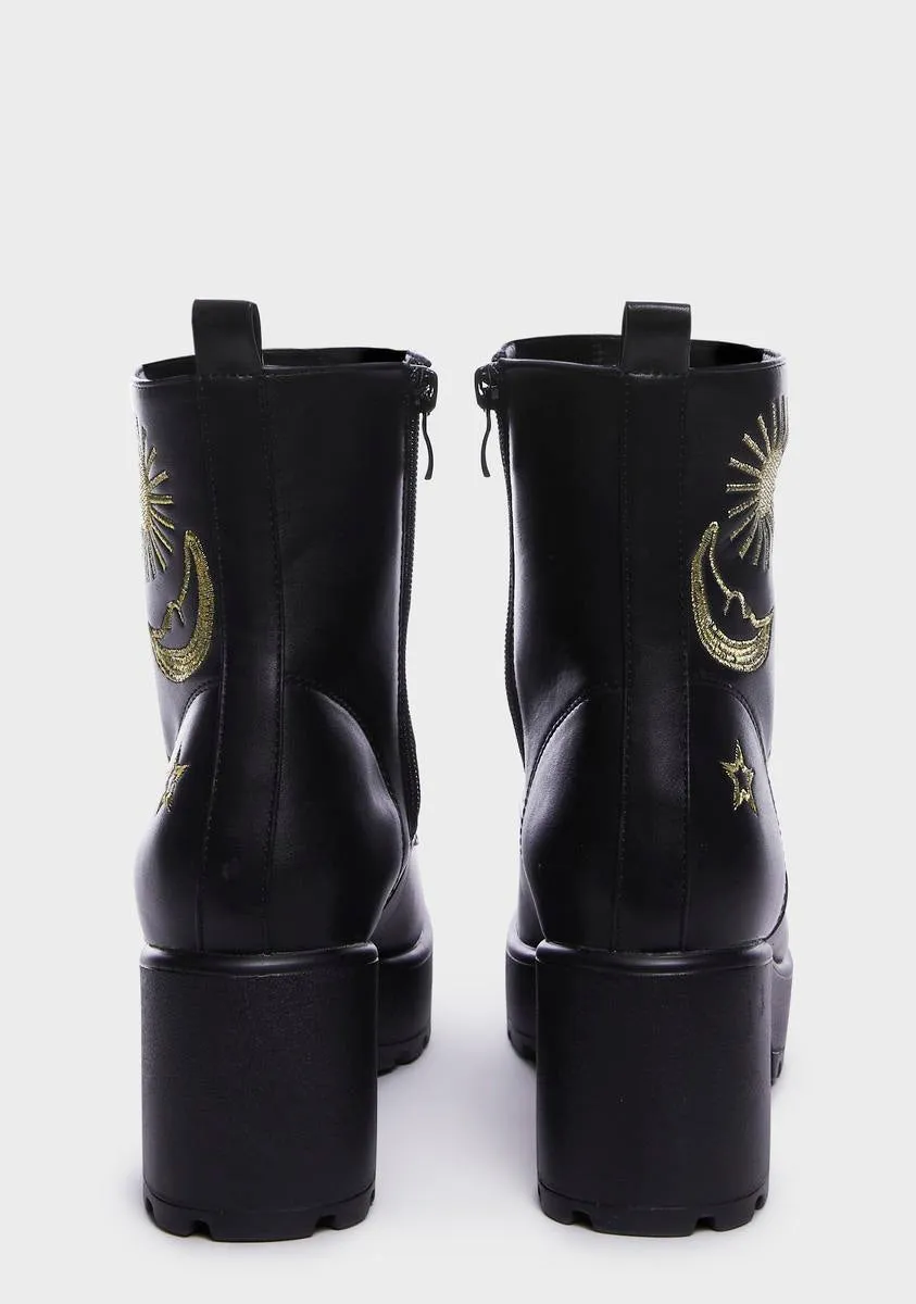 Gold Astro Star And Moon Chunky Boots