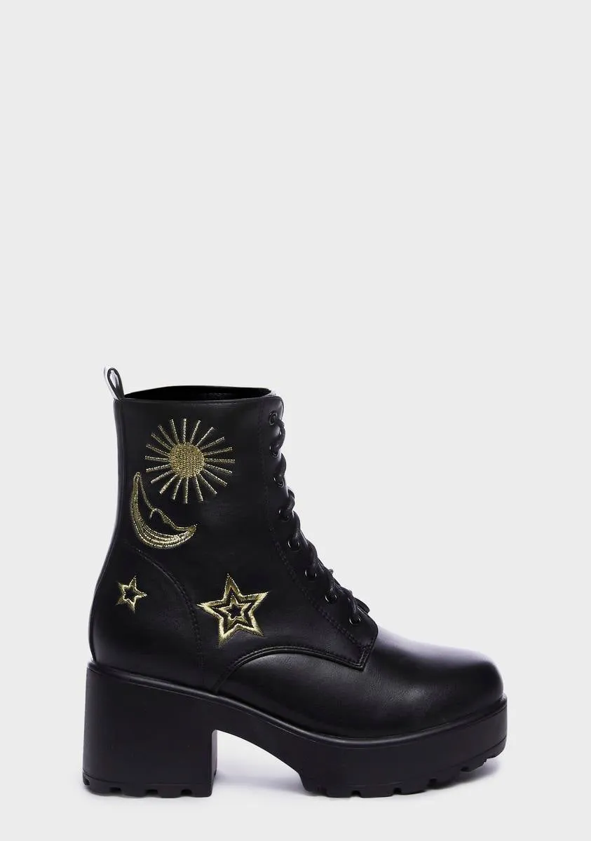 Gold Astro Star And Moon Chunky Boots