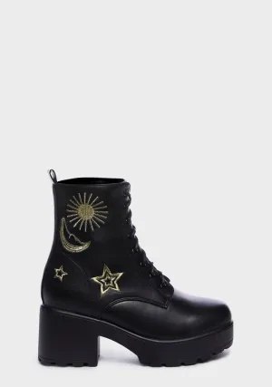 Gold Astro Star And Moon Chunky Boots