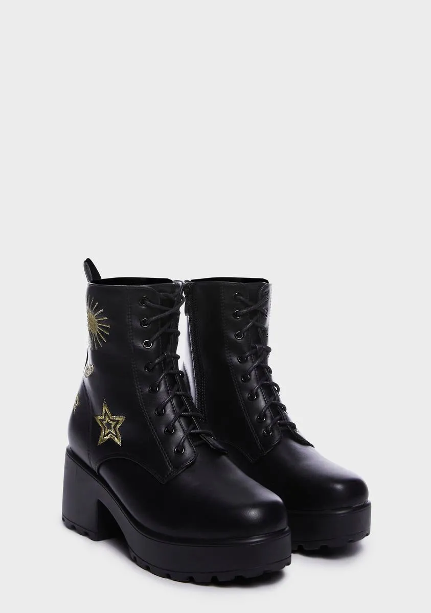 Gold Astro Star And Moon Chunky Boots