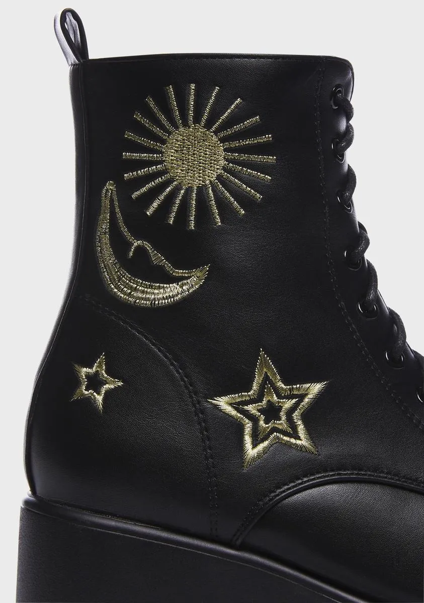 Gold Astro Star And Moon Chunky Boots