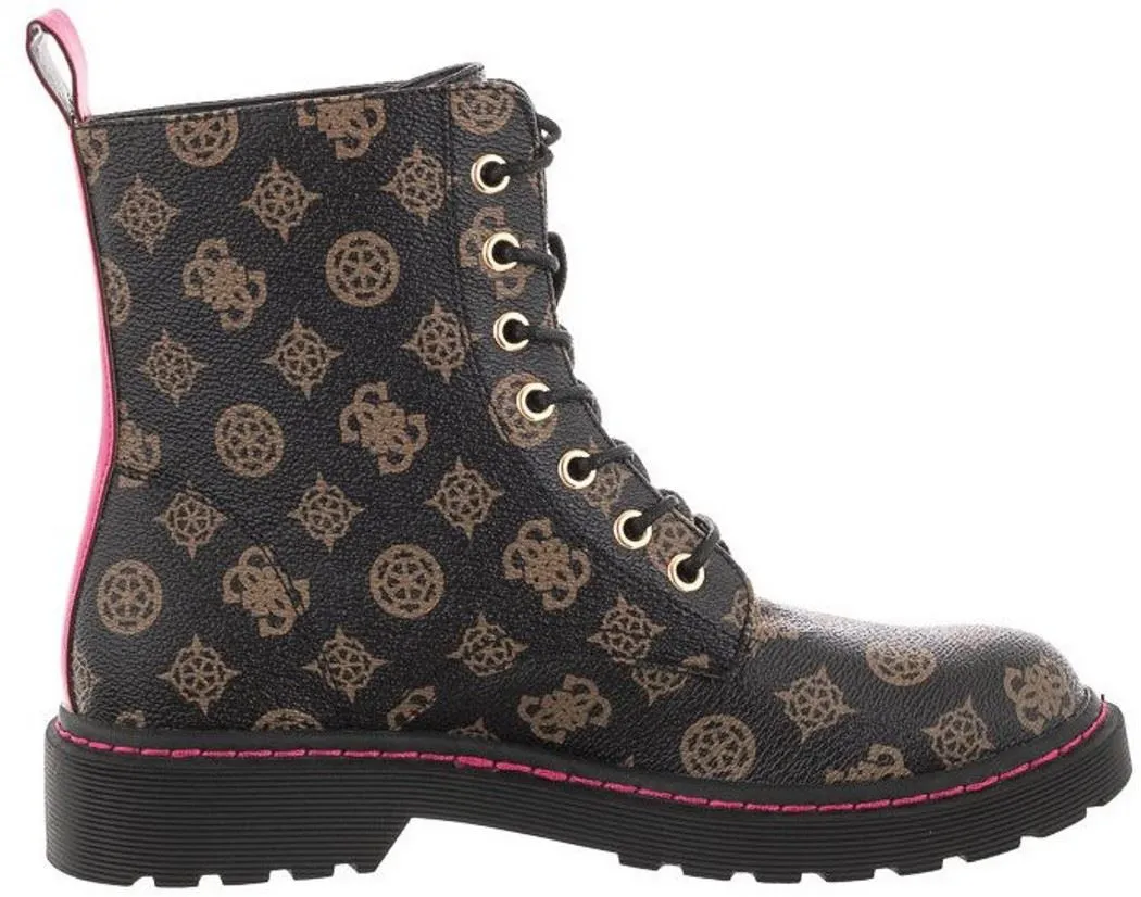Guess Rambo Brown Pink 4G Logo Leather Womens Combat Boots
