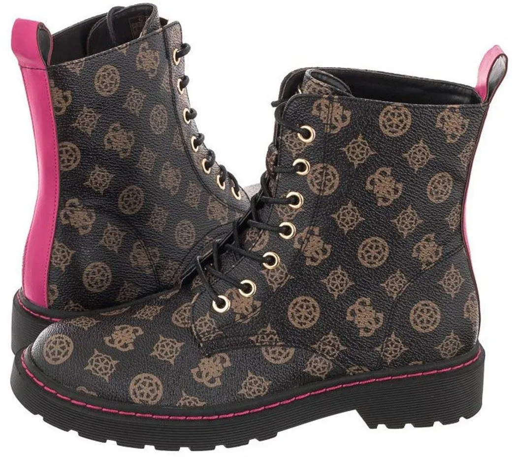 Guess Rambo Brown Pink 4G Logo Leather Womens Combat Boots