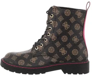 Guess Rambo Brown Pink 4G Logo Leather Womens Combat Boots
