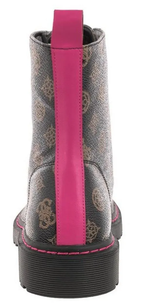 Guess Rambo Brown Pink 4G Logo Leather Womens Combat Boots
