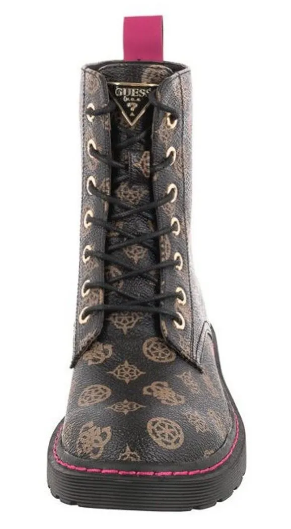 Guess Rambo Brown Pink 4G Logo Leather Womens Combat Boots