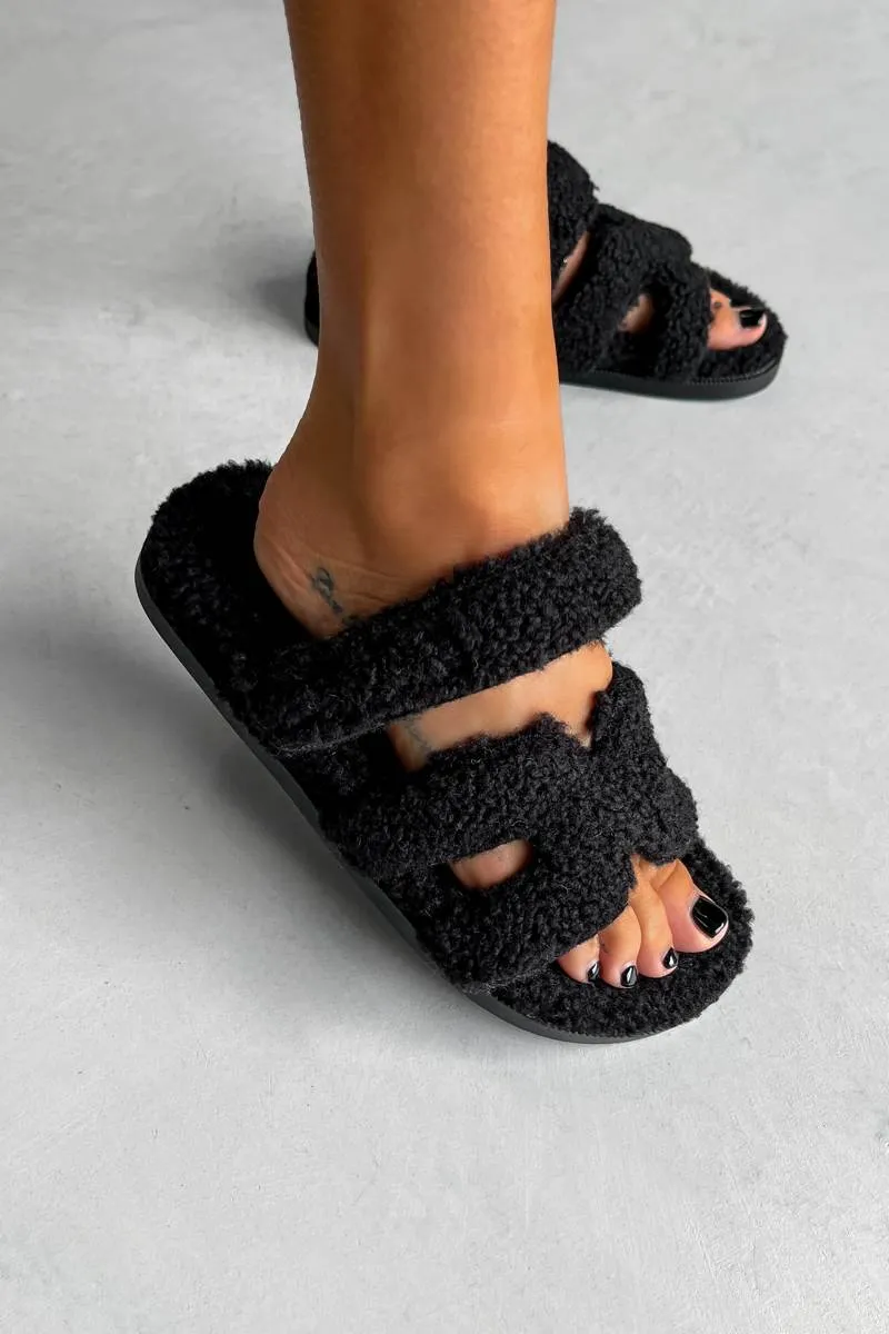 HARPER Shearling Gladiator Strap Sandal - Black