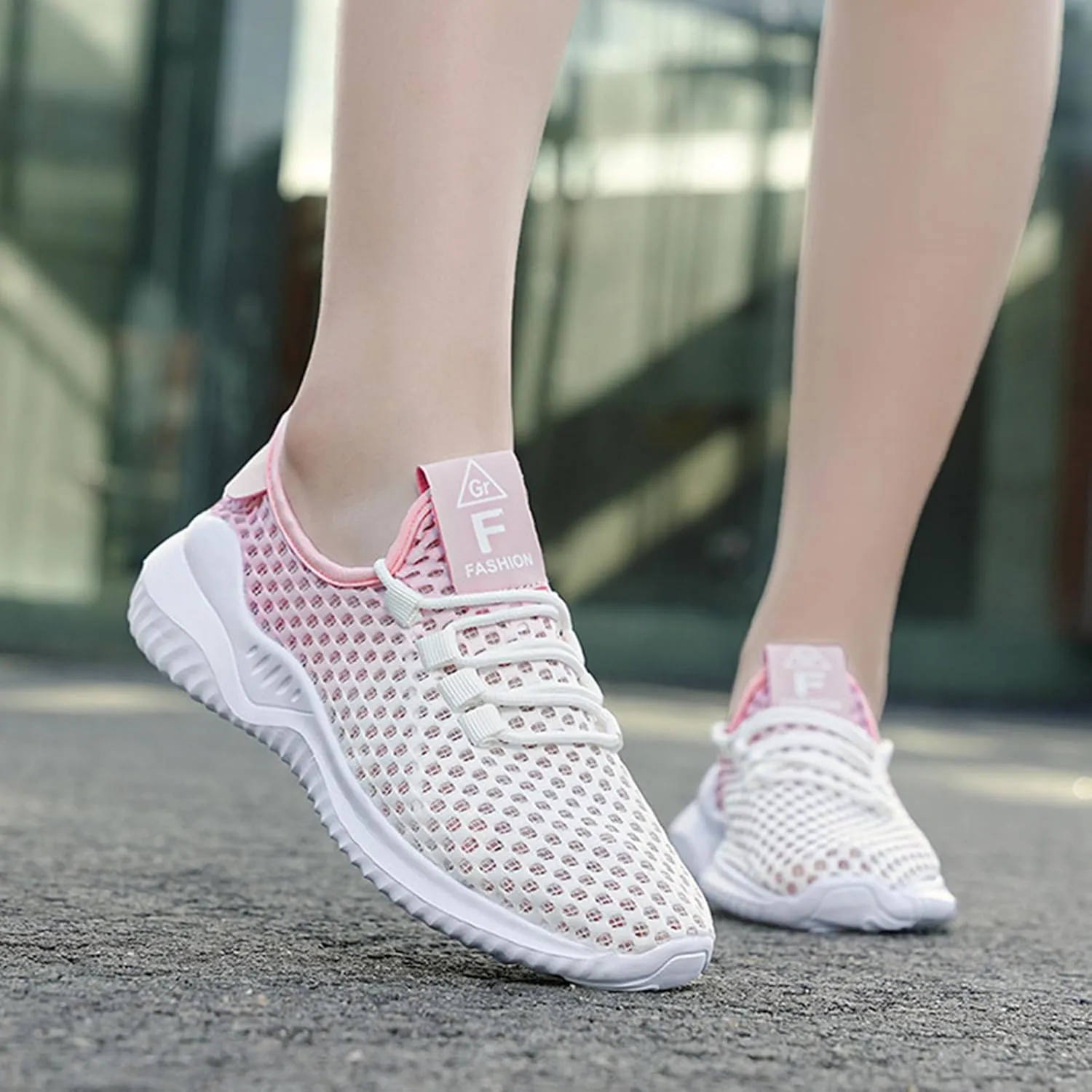 HINDOLA Women Mesh Walking Sneakers Slip on Fashion Breathable Comfortable Lace Up Tennis Lightweight Quick Drying Sports Shoes
