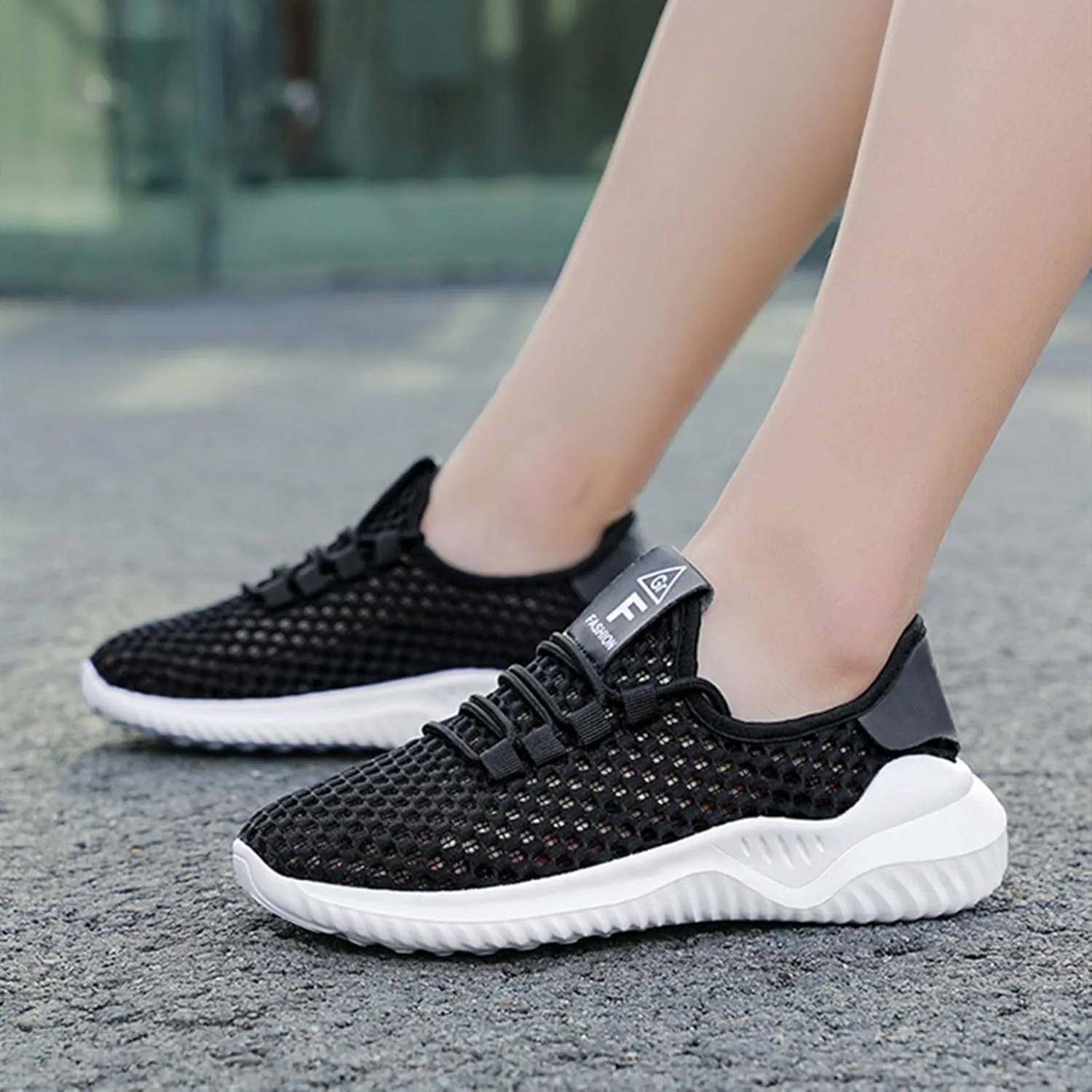 HINDOLA Women Mesh Walking Sneakers Slip on Fashion Breathable Comfortable Lace Up Tennis Lightweight Quick Drying Sports Shoes