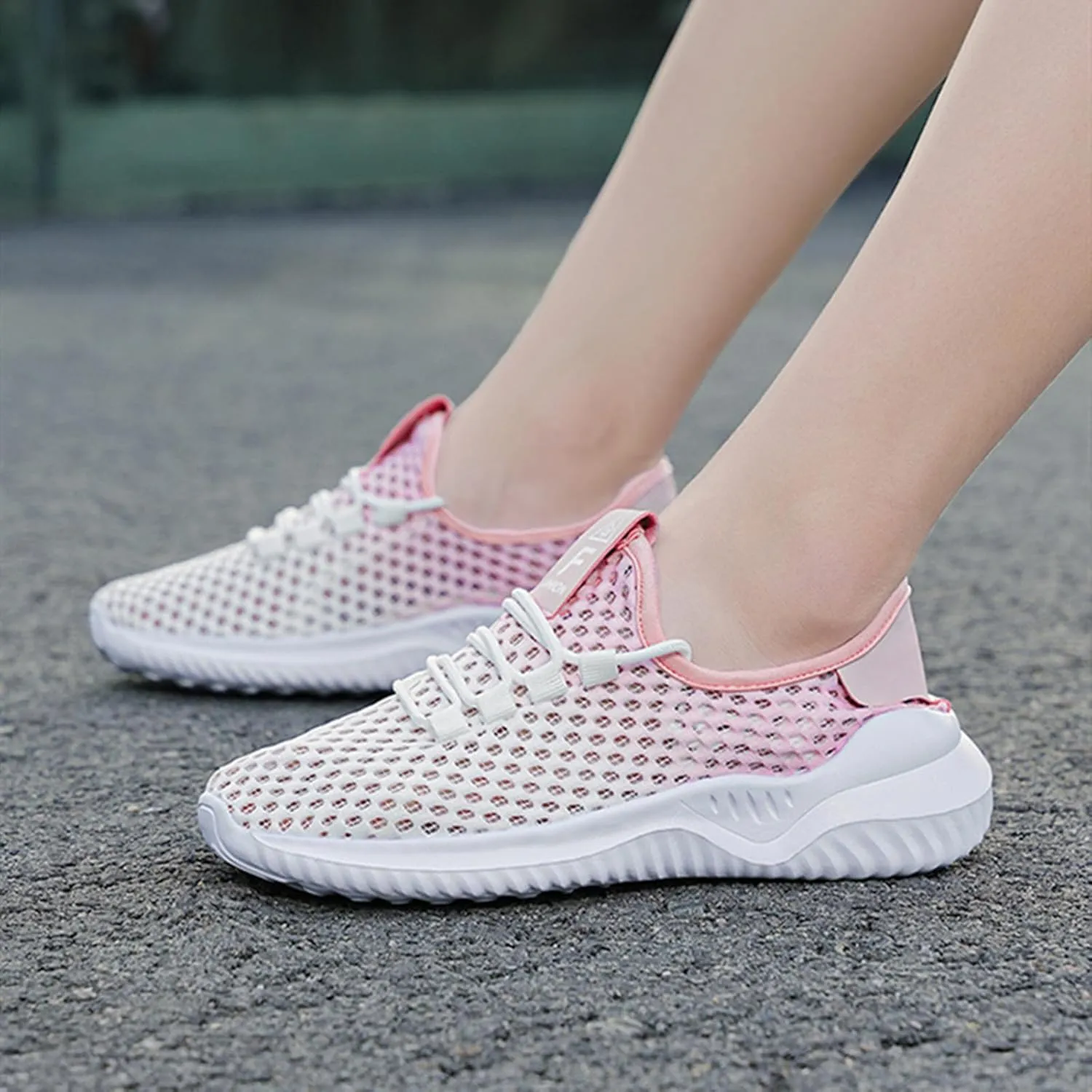 HINDOLA Women Mesh Walking Sneakers Slip on Fashion Breathable Comfortable Lace Up Tennis Lightweight Quick Drying Sports Shoes
